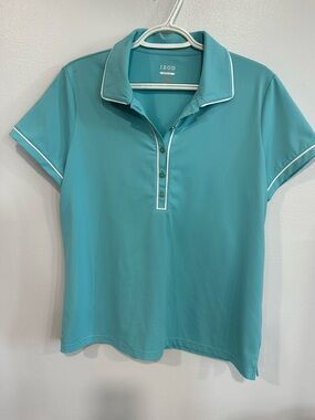 IZOD Women’s Teal Short Sleeve Button-Down Polo with White Piping